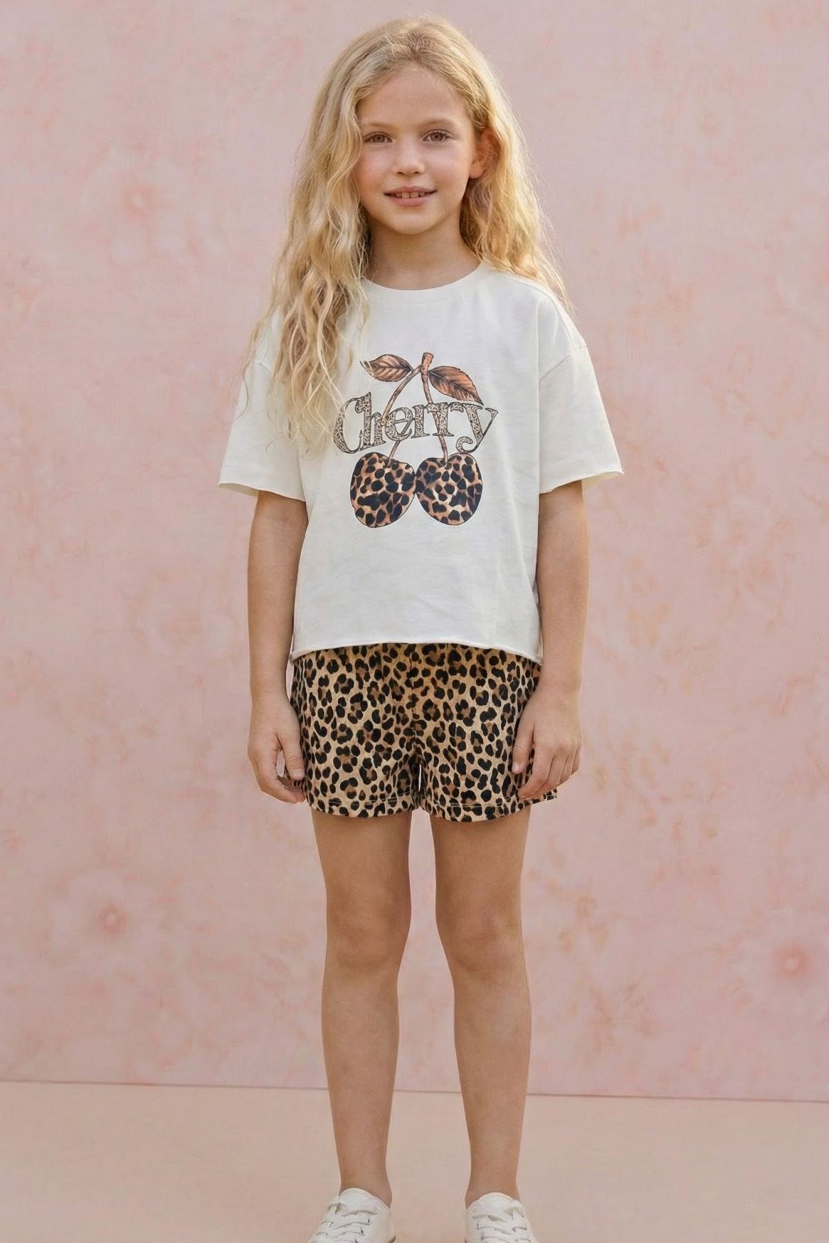9-14 Yaş Cherry Leopard Kız Çocuk T-Shırt-Ekru