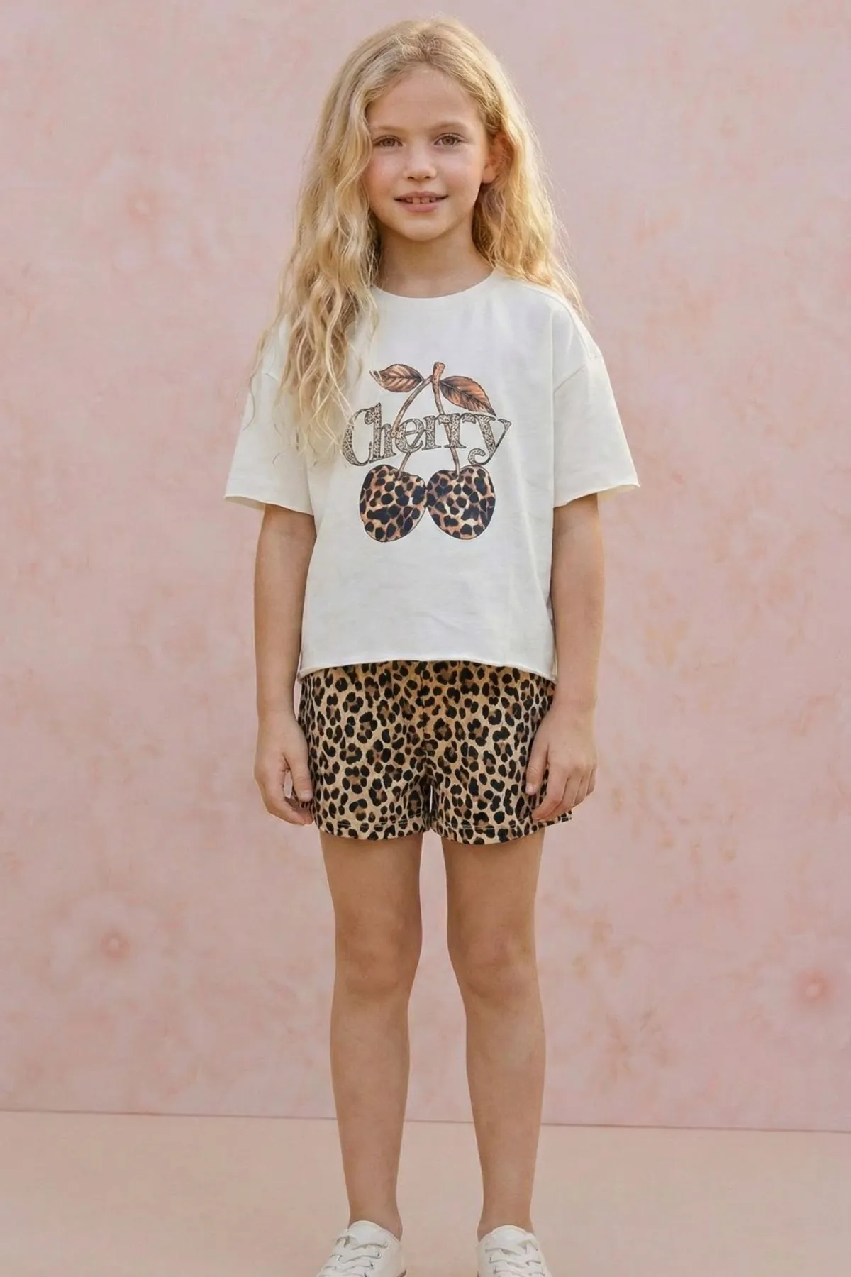 9-14 Yaş Cherry Leopard Kız Çocuk T-Shırt-Ekru