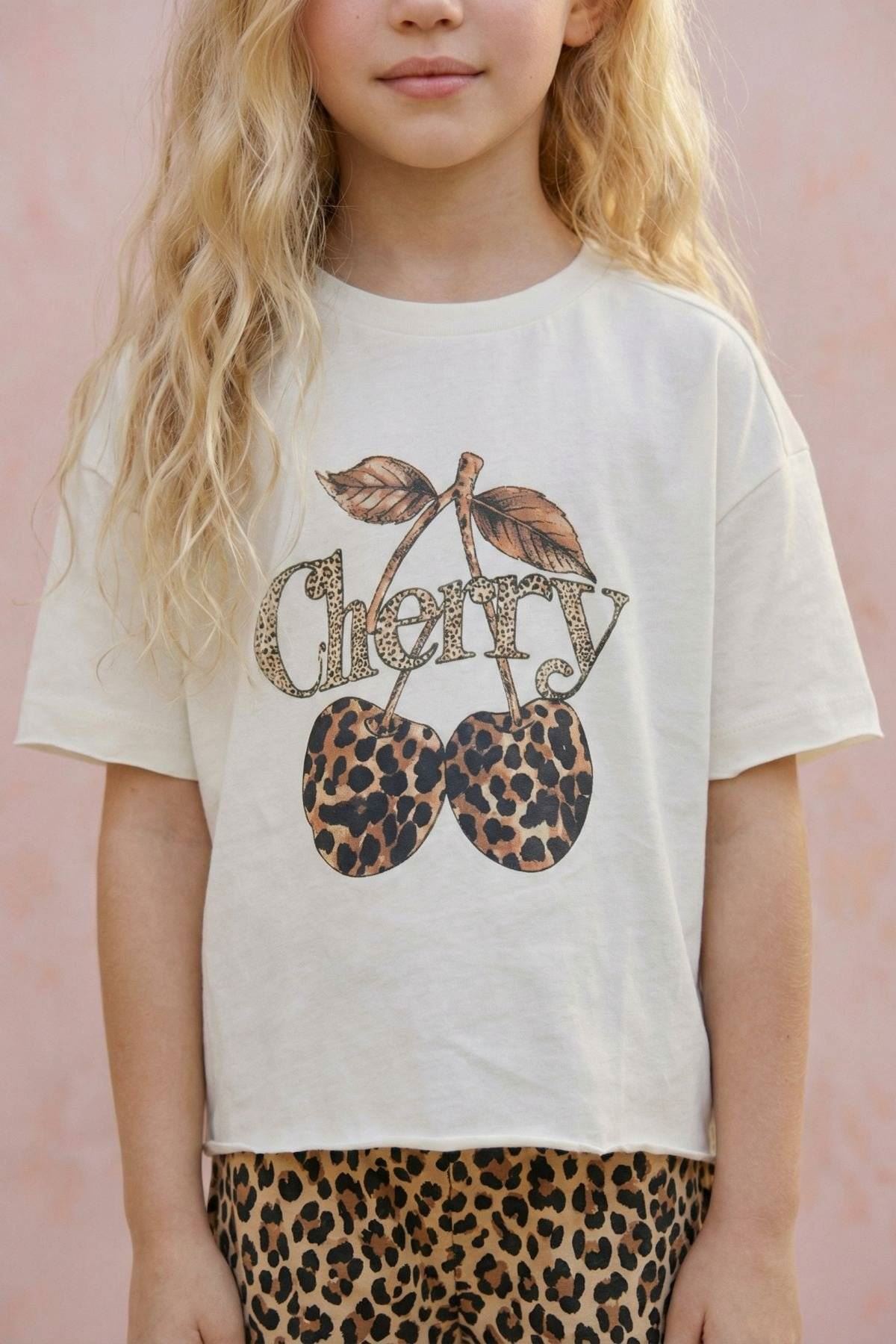 9-14 Yaş Cherry Leopard Kız Çocuk T-Shırt-Ekru