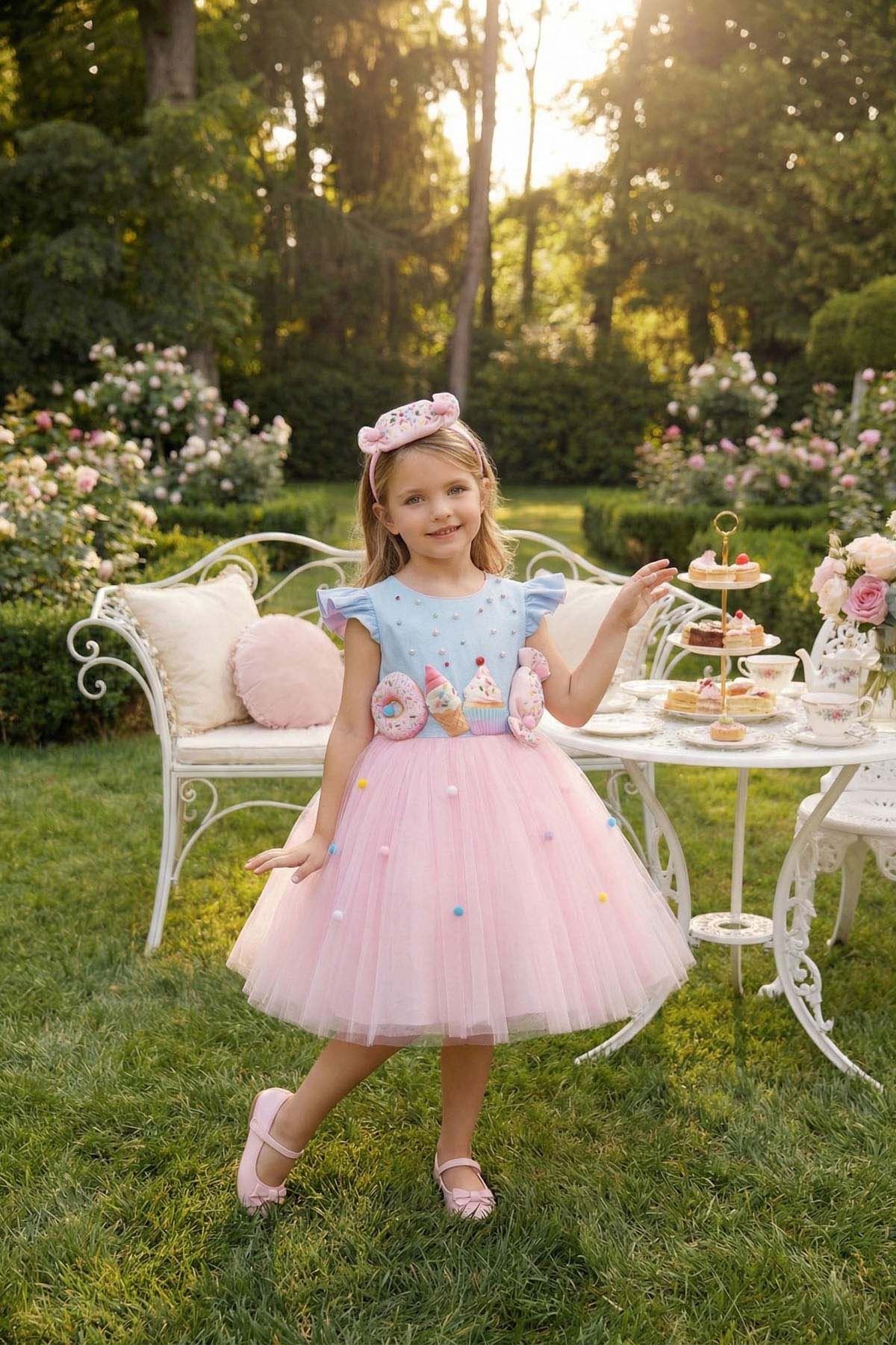 3-7 Yaş Pink Sugar Cream Kız Çocuk Elbise-Pembe