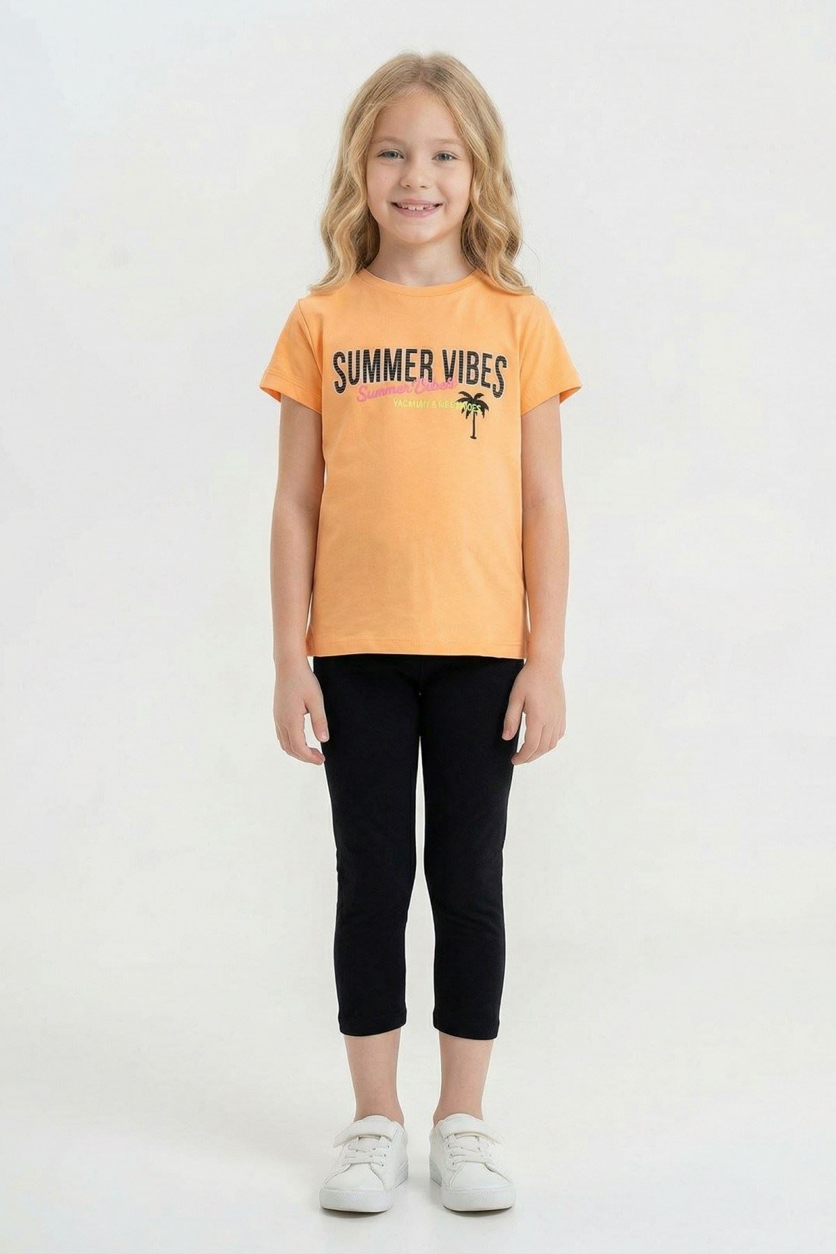 6-9 Yaş Summer Vibes Kız Çocuk Takım-Oranj