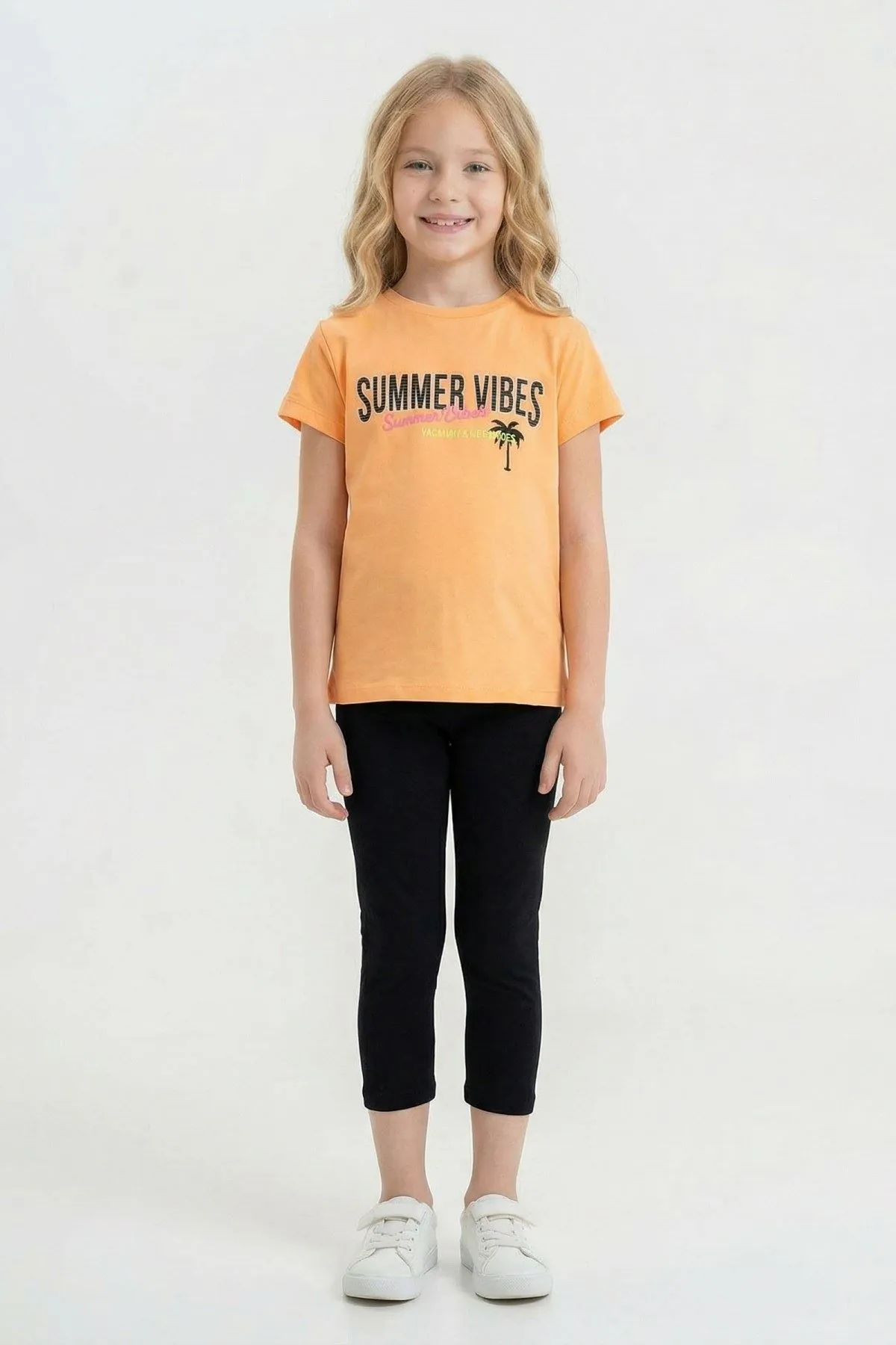 6-9 Yaş Summer Vibes Kız Çocuk Takım-Oranj