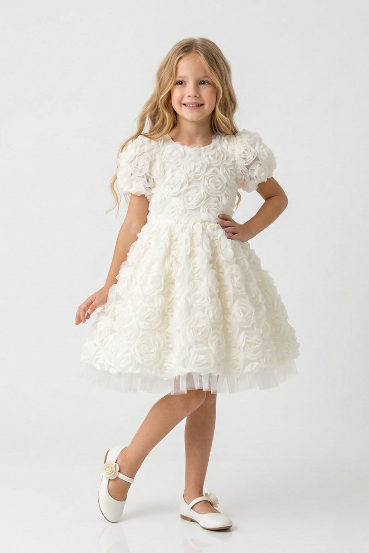 2-8 Yaş Lara Flower Kız Çocuk Elbise-Ekru