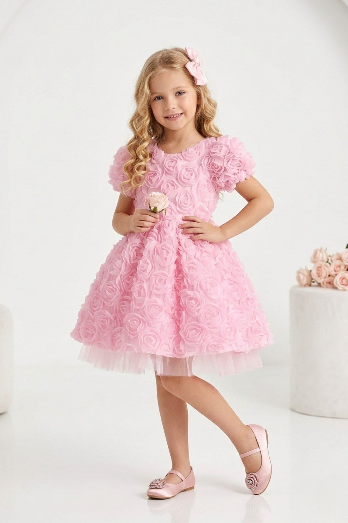 2-8 Yaş Lara Flower Kız Çocuk Elbise-Pembe