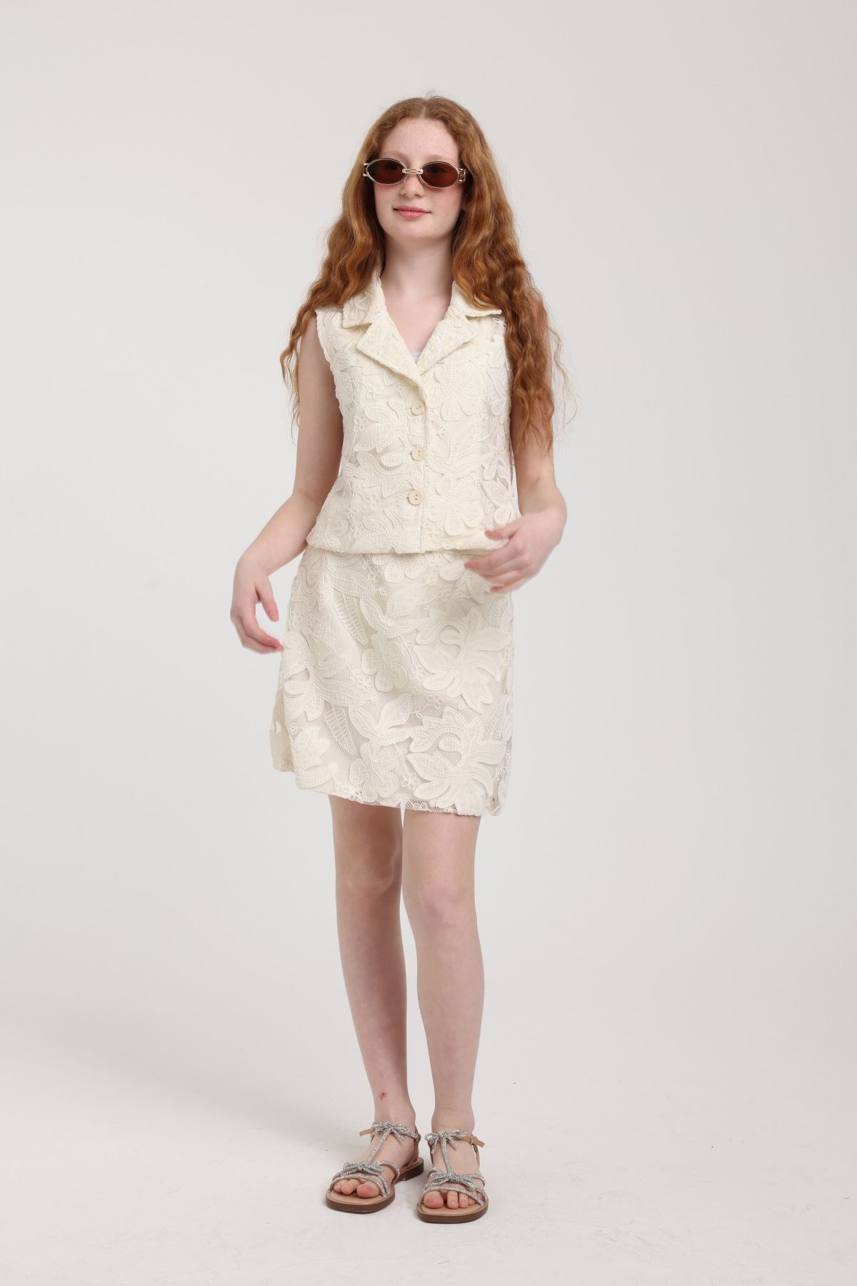 8-14 Yaş Berceste Lara Kız Çocuk Şortlu Takım-Latte