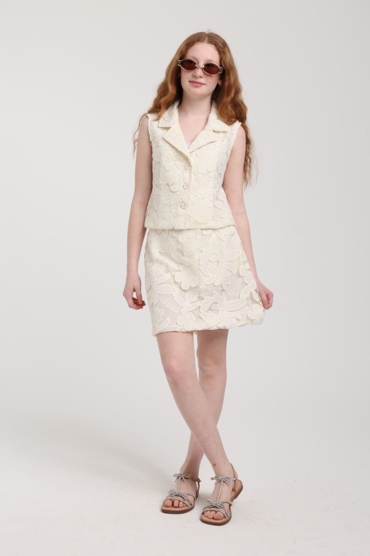 8-14 Yaş Berceste Lara Kız Çocuk Şortlu Takım-Latte