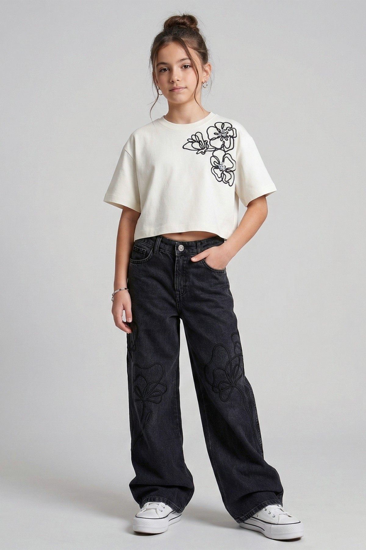 9-14 Yaş Mahra Flower Kız Çocuk Pantolon-Füme