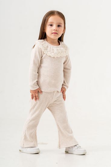 1-9 Yaş Firuze Cotto Lace Kız Çocuk Takım -Latte-