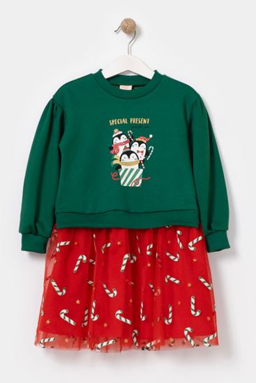 2-5 Yaş Happy New Year Kız Çocuk Sweat Elbise -Yeşil-