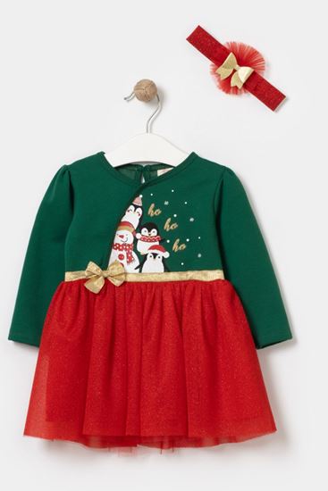 9-24 Ay Ho Ho Ho Penguen Kız Bebek Bandalı Elbise -Yeşil-