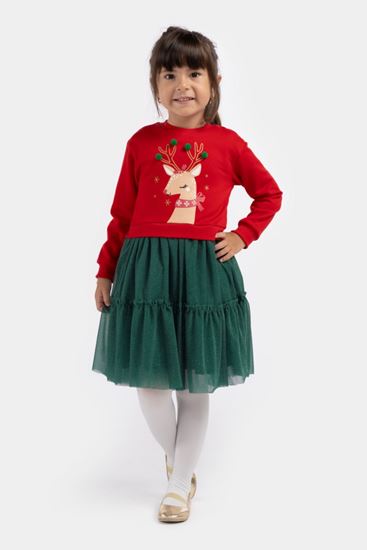 4-7 Yaş Happy Year Deer Kız Çocuk Elbise -Kırmızı-