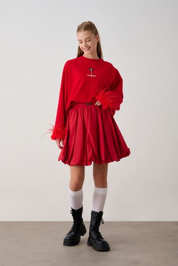 10-16 Yaş Kuş Tüylü Tasarım Sweat -Kırmızı