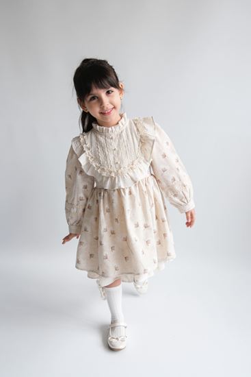 2-5 Yaş Cotto Firuze Kız Çocuk Elbise-Krem