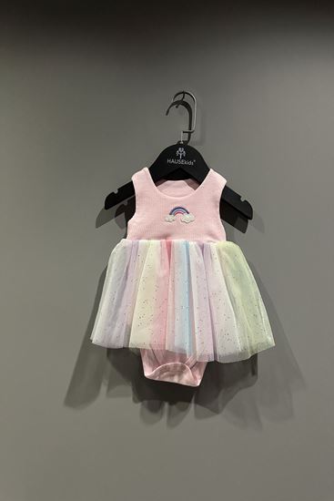 6-12 Aylık Gökkuşağı Kız Bebek Tulum Elbise-Pembe