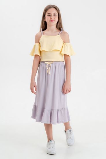 10-13 Yaş Çeşme Kız Çocuk Etekli Takım -Sarı-