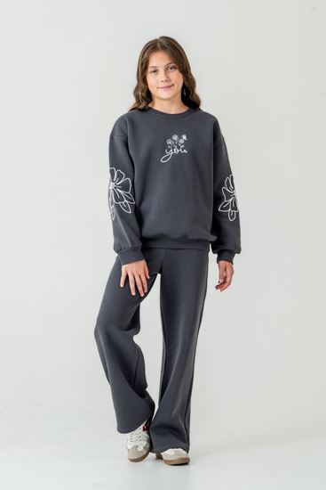 8-12 Yaş You Flower Cotto Kız Çocuk Takım-Füme