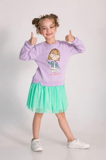 4-8 Yaş Hippie Hello Kız Çocuk Sweat Elbise-Lila