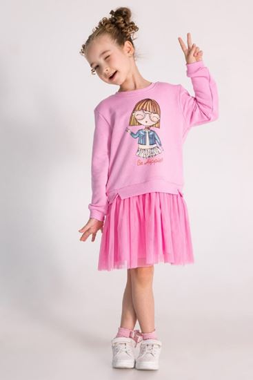 4-8 Yaş Hippie Hello Kız Çocuk Sweat Elbise-Pembe