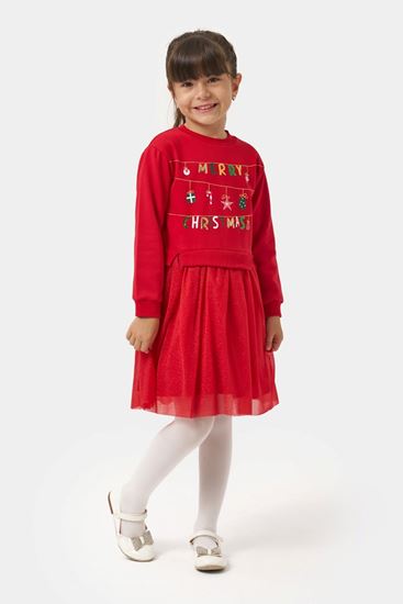 4-7 Yaş Merry Christmas Kız Çocuk Elbise-Kırmızı
