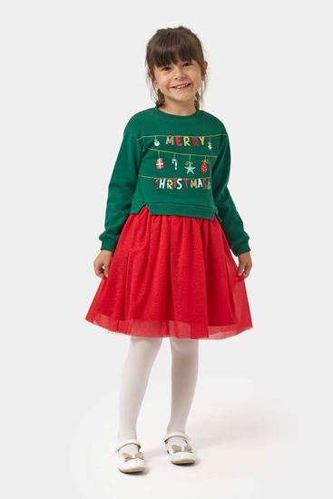 4-7 Yaş Merry Christmas Kız Çocuk Elbise-Yeşil