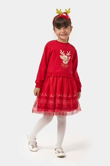 4-7 Yaş Ho Deer Kız Çocuk Elbise-Kırmızı