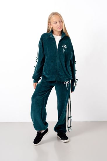 9-15 Yaş Moderno Ribbon Velvet Kız Çocuk Takım-Petrol