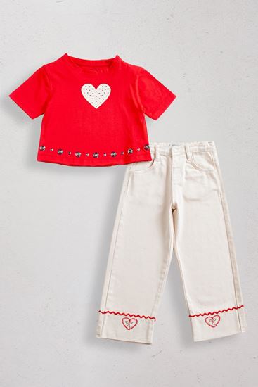 5-14 Yaş Love Story Kız Çocuk Pantolonlu Takım-Kırmızı