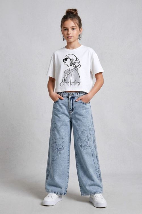 9-14 Yaş Mahra Flower Kız Çocuk Pantolon-Mavi