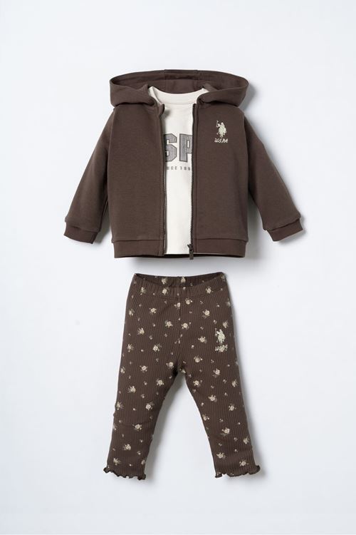 6-36 Ay Lisanslı Us Polo Assn Kız Bebek 3'Lü Takım-Kahverengi
