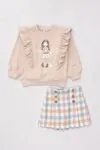 4-8 Yaş Cute Gırls Kız Çocuk Şort Etekli Takım -Bej
