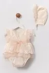 6-18 Aylık Evelin Kız Bebek Şapkalı Tulum Elbise -Latte-Latte